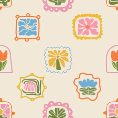 Bright seamless floral pattern in retro style. Geometric flower frame composition on a soft spring inspired background. Nature themed wallpaper design with colorful blossoms and natural texture.