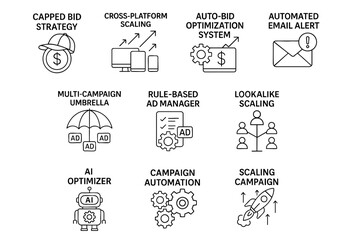 paid traffic advertising optimization concept. Conceptual illustrations of digital marketing strategies and tools.