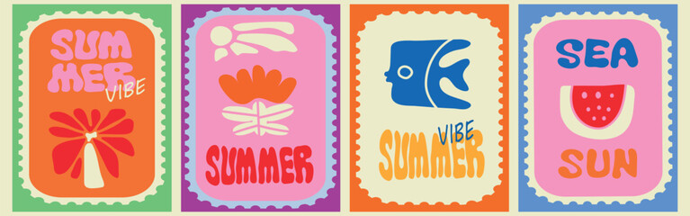 Summer vibe. Vector summer minimal art illustration of postage stamp with beach, wave, sea, sun, fruits for poster, card, background, invitation, print, icon or flyer. 