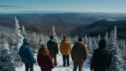 Group of friends admire the view from the snowy mountaintop covered in fir trees in the winter season, landscape with rolling hills