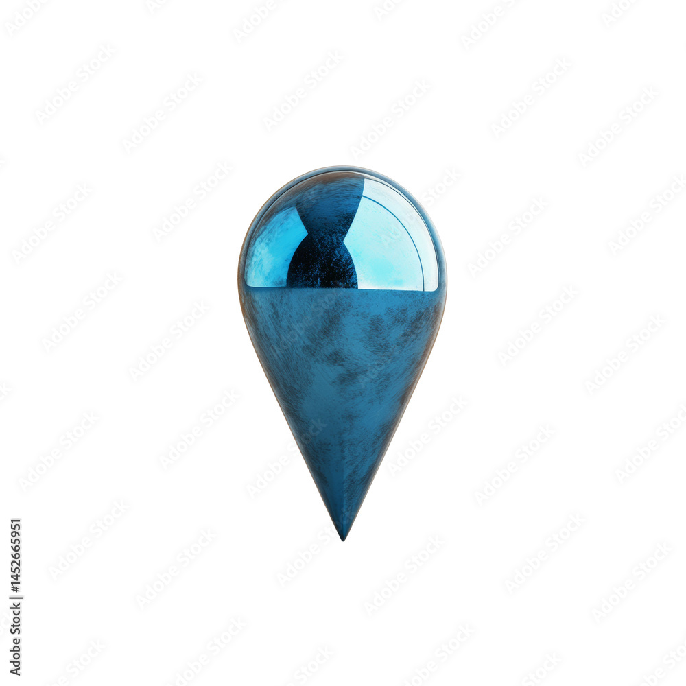 Poster reflective blue teardrop shape against a boundless expanse, suggestive of location