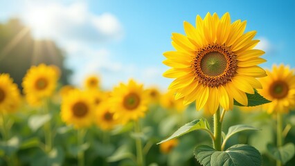 Fototapeta premium First Day of Summer, Sunflowers blooming under the bright summer sun, A vibrant display of color and nature's beauty