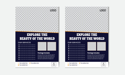 Modern professional clean minimal and creative travel flyer design explore the world template. Creative flyer design and brochure cover page template for travel agency.