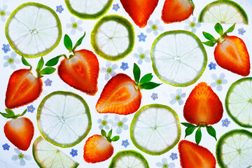 White background with lime slices, strawberries and flowers. Design for fabric, textile, wallpaper, cover, packaging and all types of printing