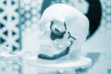 Prototype of human skull from white plastic with titanium implants in form of plates and surgical templates printed on 3D printer. Biointegrated prosthesis. Medicine medical