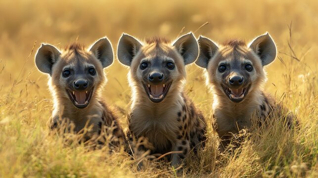 A group of young hyenas playing in the tall grass thei