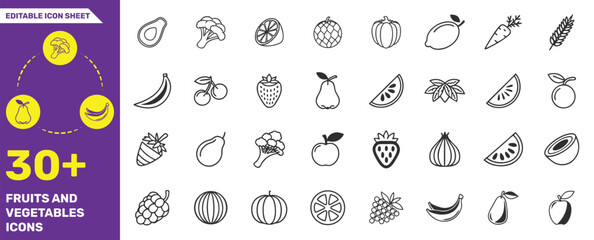 Fruits and Vegetables Icons Collection - 30+ Editable Line Icons for Healthy Food and Nutrition