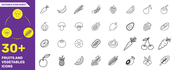 Fruits and Vegetables Icons Collection - 30+ Editable Line Icons for Healthy Food and Nutrition