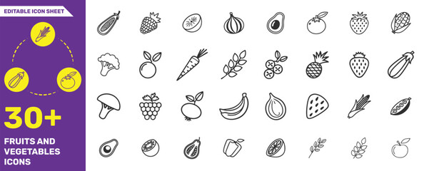 Fruits and Vegetables Icons Collection - 30+ Editable Line Icons for Healthy Food and Nutrition