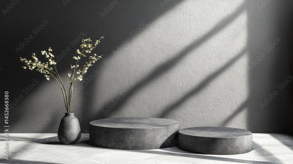 Poster soft shadows fall across two round podiums adorned with a modern vase holding delicate flowers. the 