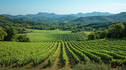 Naklejka premium panoramic view of wide agricultural landscape with crops stretching to horizon, clear sky
