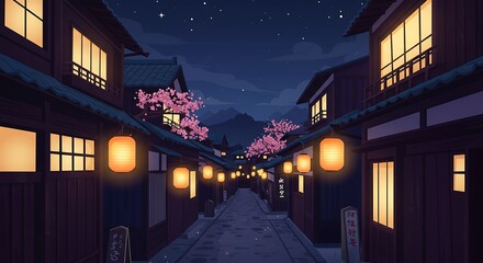 Night Street with Lanterns and Cherry Blossom
