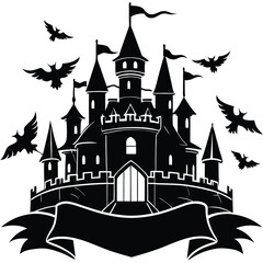 Obraz premium Spooky Black Castle Silhouette with Bats and Banner for Halloween or Gothic Designs