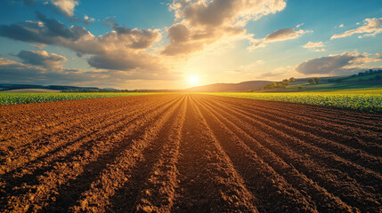 perfectly plowed agriculture field with straight lines and earthy texture