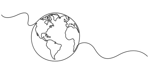 Planet Earth Continuous Line Icon, Continuous one line art drawing of earth planet, Globe, geography vector outline, Single line illustration of world map, Globe, minimal style concept.