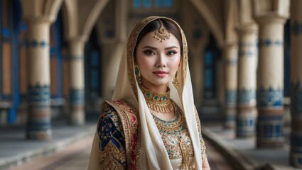 Portrait of a woman in traditional attire, featuring intricate embroidery and jewelry, set against stunning architectural arches