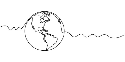 Planet Earth Continuous Line Icon, Continuous one line art drawing of earth planet, Globe, geography vector outline, Single line illustration of world map, Globe, minimal style concept.