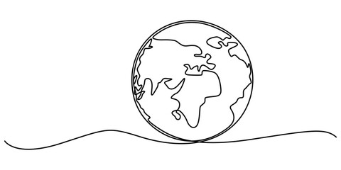 Planet Earth Continuous Line Icon, Continuous one line art drawing of earth planet, Globe, geography vector outline, Single line illustration of world map, Globe, minimal style concept.