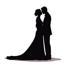 Couple embracing silhouette, wedding, love, romance, vector illustration, black and white, for invitations