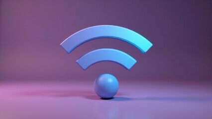 Fototapeta premium Blue WiFi Symbol 3D Rendering on Purple Background, Wireless Internet Connection Icon for Technology and Communication