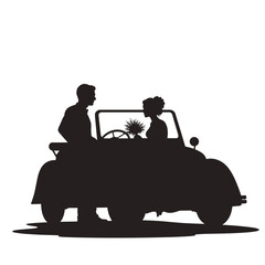 Couple in vintage car silhouette, black and white, romantic date, for wedding invitations