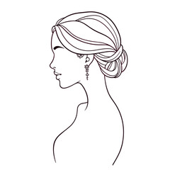 Woman's profile, elegant hairstyle, line art, maroon accents, for branding