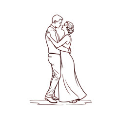 Couple embracing, line art illustration, brown tones, for wedding invitations