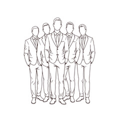 Six men in suits, standing together, monochrome sketch, for business presentations