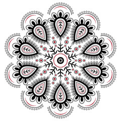 Black red mandala vector illustration. Ornamental round lace pattern of curved lined. Folklore ornament with leaves and flowers. Ethnic tattoo design. Calm decor for clothes, home, office, stationery
