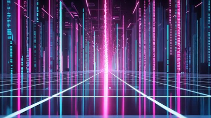 Glowing digital corridor with neon pink and blue light beams, futuristic grid floor, and vertical data streams in a virtual cyber environment
- Powered by Adobe