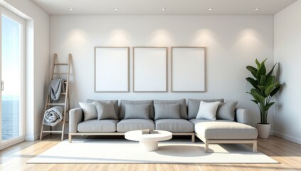 Perspective of modern luxury living room with grey sofa on sea view background, Minimal, Architecture idea of large window system.