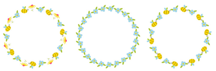 Vector summer frame with insects. Colorful frames with snail, flower, ladybug, caterpillar, bee, dragonfly. Clean, bright design. Isolated.