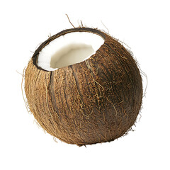 A Singular Coconut with Brown Hairy Exterior, Halved to Reveal White Interior on Transparent Background