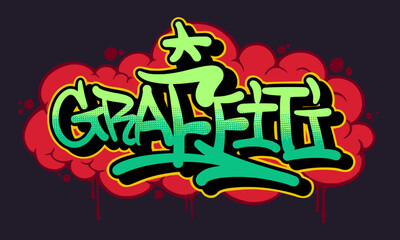 Vibrant graffiti text art with bold, colorful letters on a playful pink bubble background. Eye-catching street style perfect for urban designs, posters, and digital art.