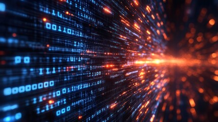 Binary code streams in digital space with light trails