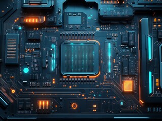 A highly detailed futuristic printed circuit board