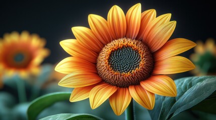 Fototapeta premium Close-up Sunflower, vibrant orange, dark background, other sunflowers blurred