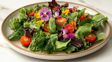 Fresh, vibrant salad with edible flowers and cherry tomatoes