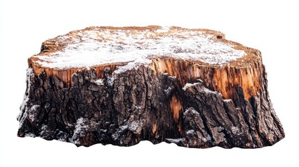 Fototapeta premium Rotten tree stump with a rough texture, partially covered in fresh snow, on white