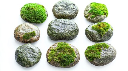 Round moss-covered rocks with light dew and soil traces on white background.