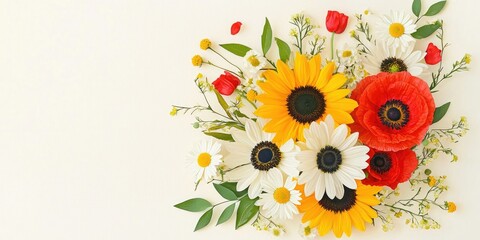Naklejka premium Bright floral poster with daisy, sunflower, and poppy bouquet