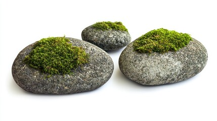 Rounded river rocks with dense moss patches and dirt particles on white background.