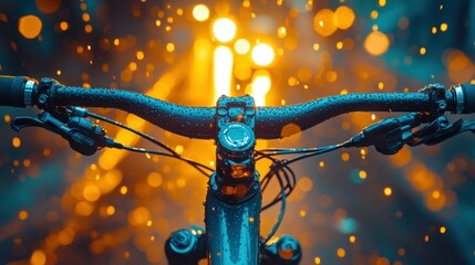 Wet bike handlebars in rain, city lights