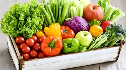 Vibrant Colorful Fresh Fruits and Vegetables in Wooden Crate