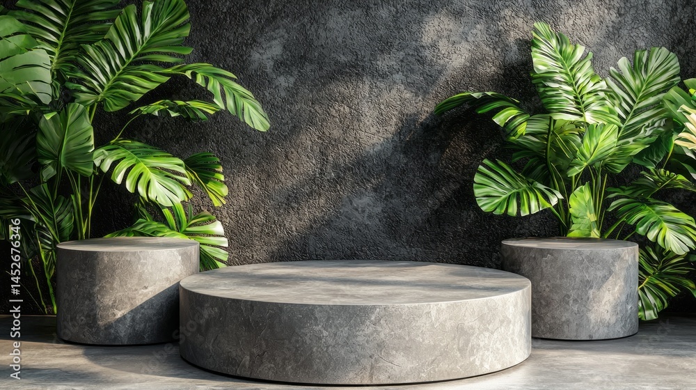 Poster a simple concrete podium is positioned within a stylish space, accentuated by vibrant green plants t