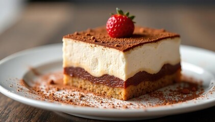 Individual tiramisu serving, dusted cocoa, close-up, portion, sweet