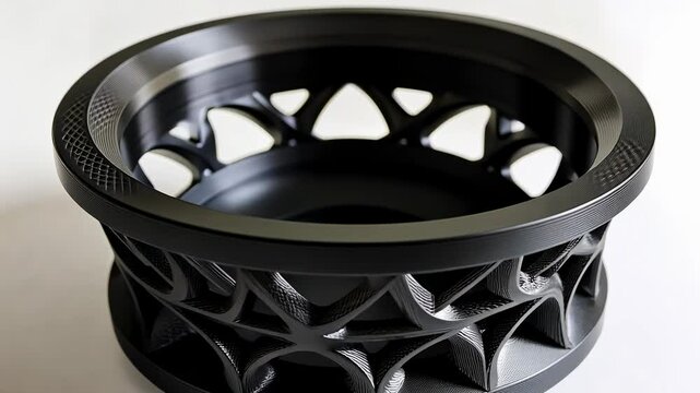 Matte black cylindrical 3D-printed ring with a repeating geometric lattice pattern and industrial look.