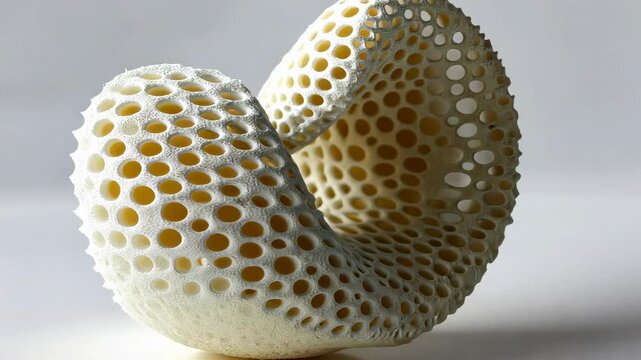 White spiral 3D-printed object with a perforated honeycomb structure and modern sculptural form.