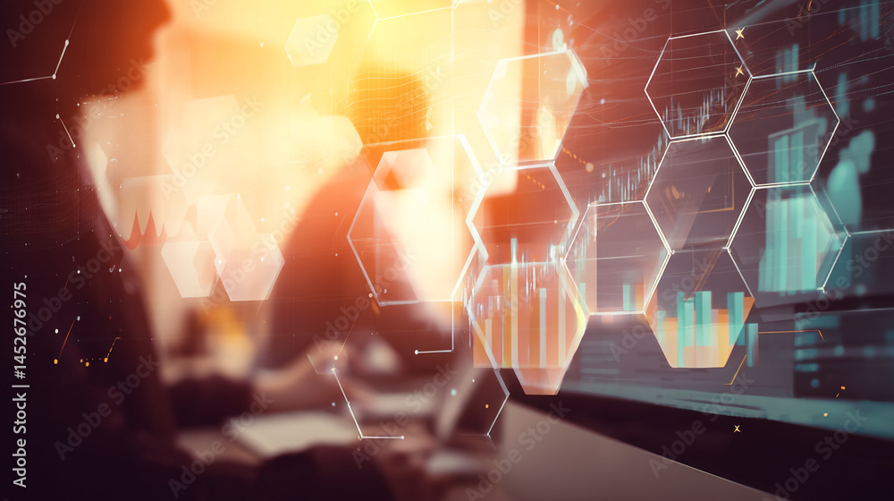 Poster abstract image of blurred figures working with glowing hexagonal data graphics on a screen, suggesti