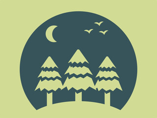 Three trees, moon, birds, circle